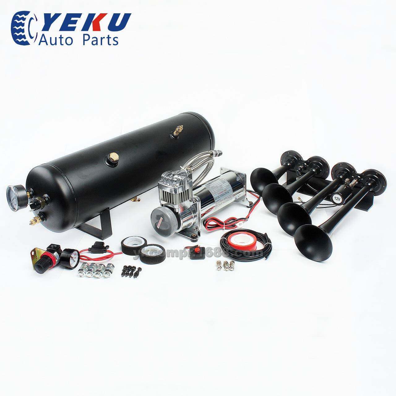 12V200psi车载充气泵带3gal储气罐四管黑色喇叭汽车改装喇叭气泵
