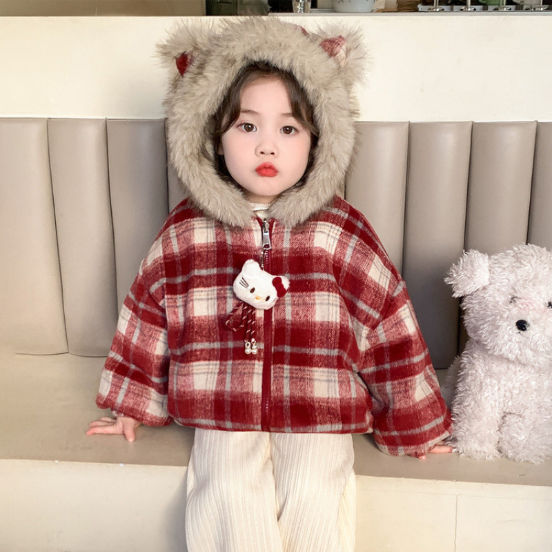 女童kt猫格子加绒外套冬季2025新款洋气韩版女孩冬装加厚连帽长袖