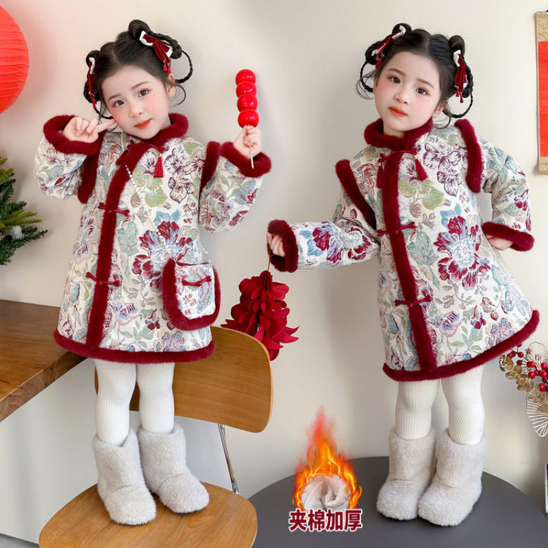 唐装女童旗袍连衣裙冬季加厚中国风改良公主裙儿童汉服女孩拜年服