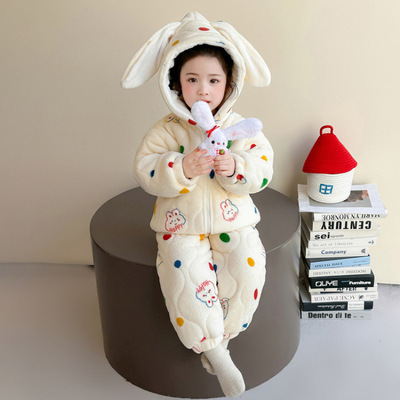 女童加厚保暖珊瑚绒睡衣套装