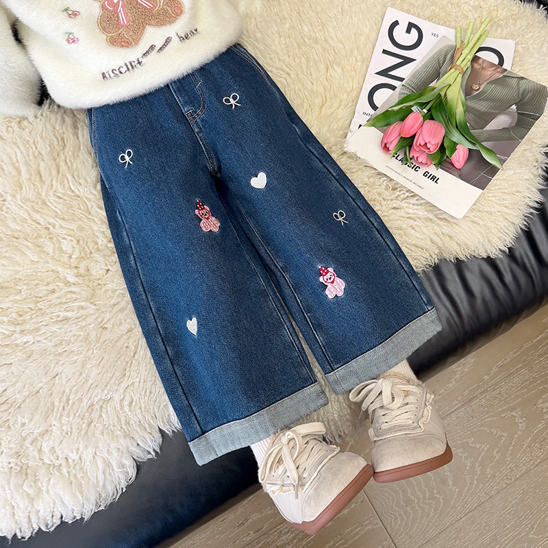 冬季新款儿童爱心小熊加绒牛仔裤