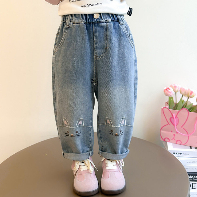 女童休闲宽松裤子春装2026新款洋气女宝宝时髦膝盖猫头刺绣牛仔裤,童装/婴儿装/亲子装,儿童牛仔裤,淘宝优惠券,粉丝福利购,淘宝优惠卷