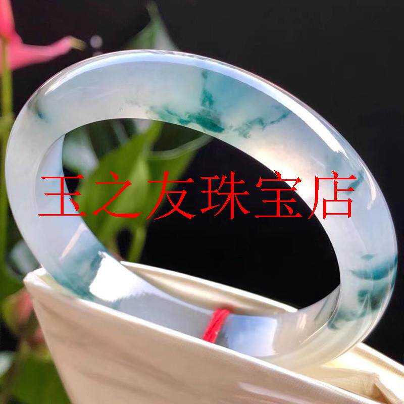 冰种白冰飘蓝花翡翠色正圈玉手镯