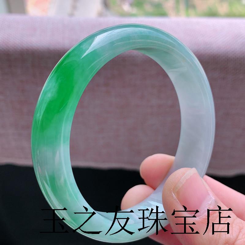 缅甸翡翠手镯阳绿飘花冰糯种满绿贵妃圆条正圈宽边手镯玉镯子送礼