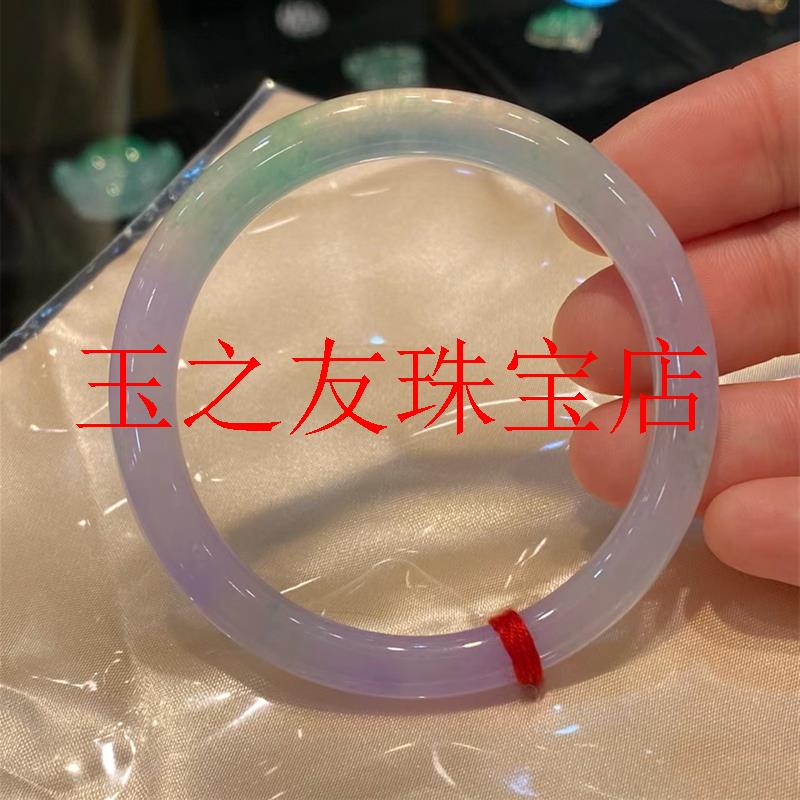 翡翠手镯冰种飘花春带彩飘紫细圆条手镯叮当镯少女款百搭玉石饰品