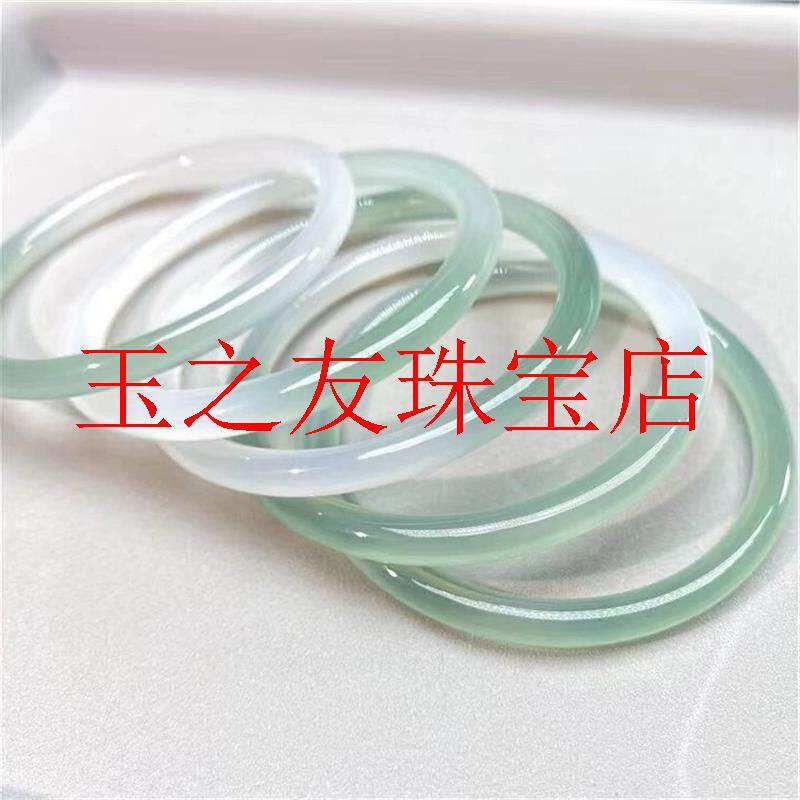 半山半水冰种青白玉玛瑙手镯小圆条叮当美人镯新中式气质女款饰品