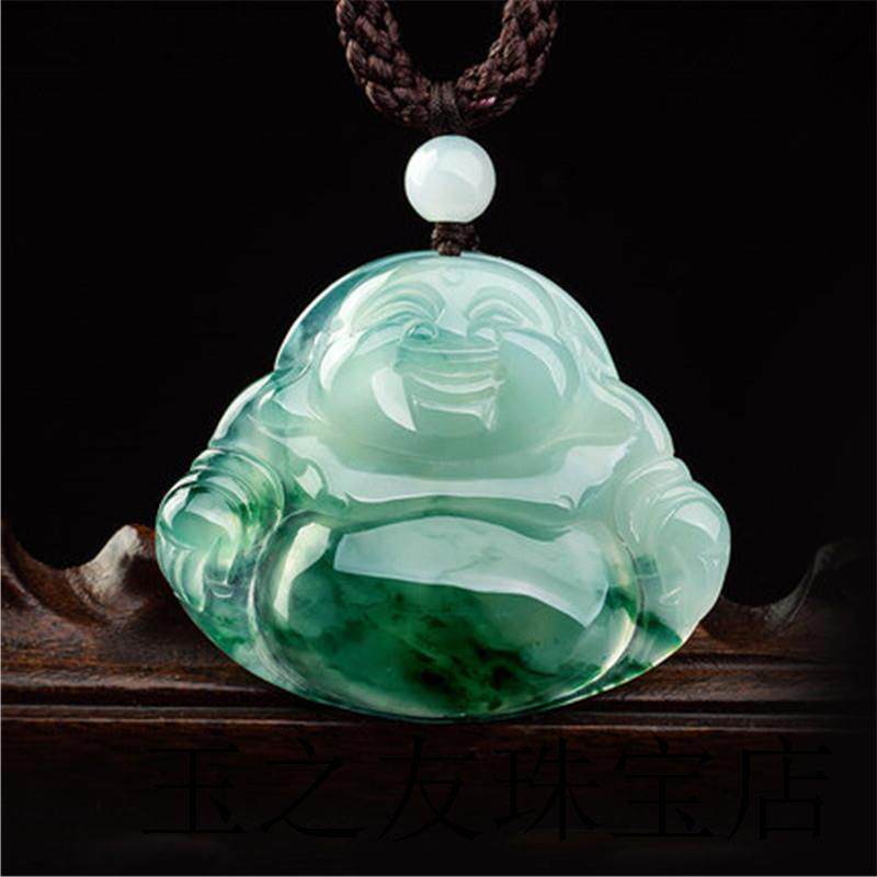 缅甸老坑翡翠色冰种飘花弥勒佛公玉佛吊坠男女款精品笑佛锁骨项链
