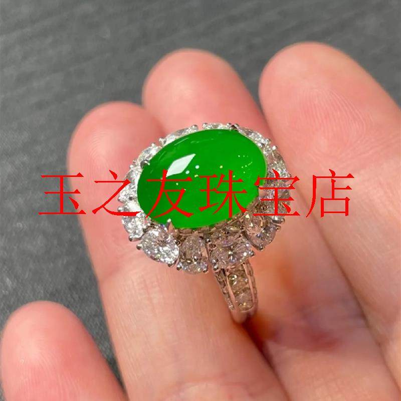 冰种帝王绿翡翠色椭圆蛋面戒指满圈花瓣银镶满绿色鸽子蛋银戒时尚