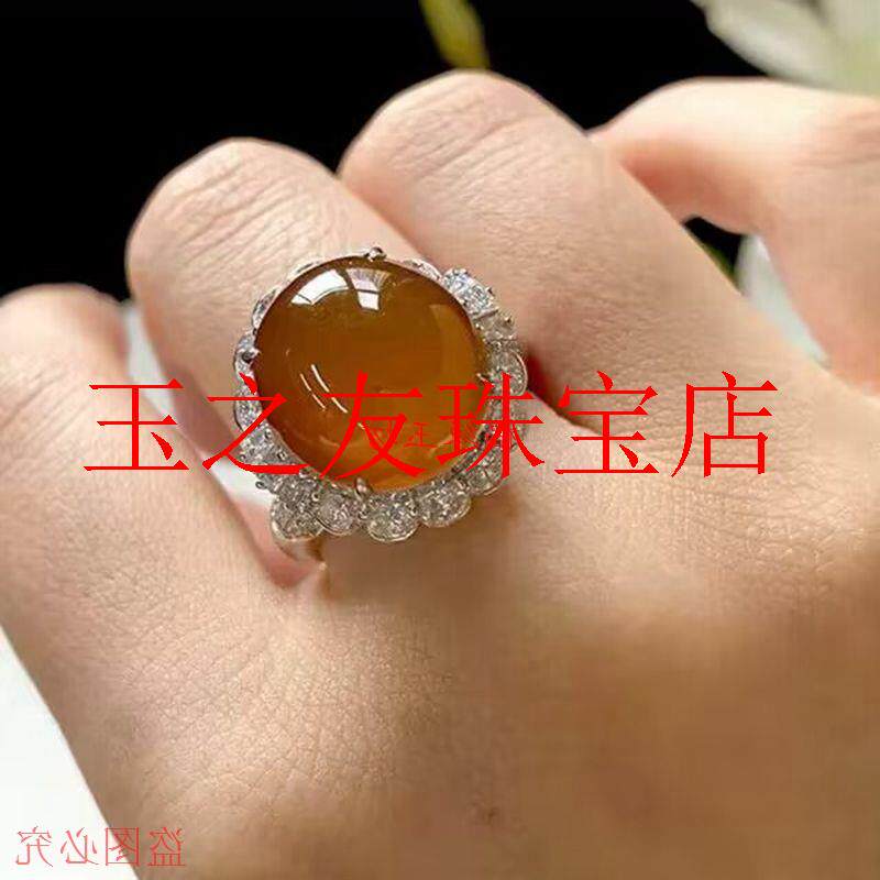 高端缅甸老坑翡翠色冰种黄翡镶嵌大蛋面满天星超闪银戒指女款处理