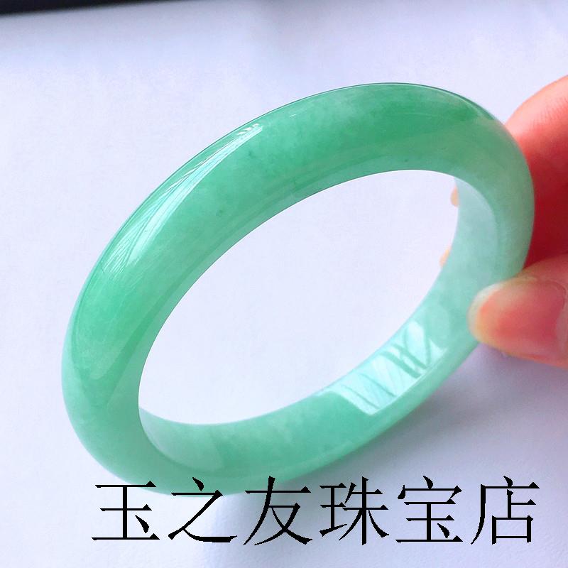 玉镯子女款宽版豆种满绿缅甸翡翠色老坑冰糯种少女处理玉翡翠手镯