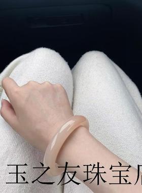 高端新疆和田玉青海料藕粉色玉镯胖圆条手镯新疆镯子带鉴定证书