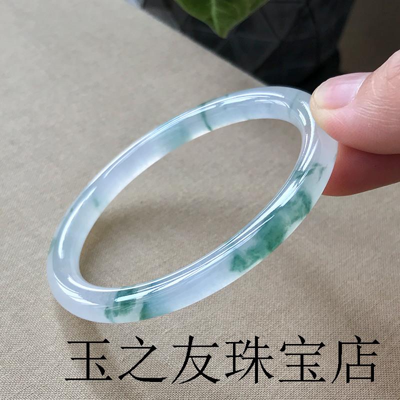 翡翠色飘花玉镯子缅甸精品少女款水润通透细圆条冰种叮当玉手镯