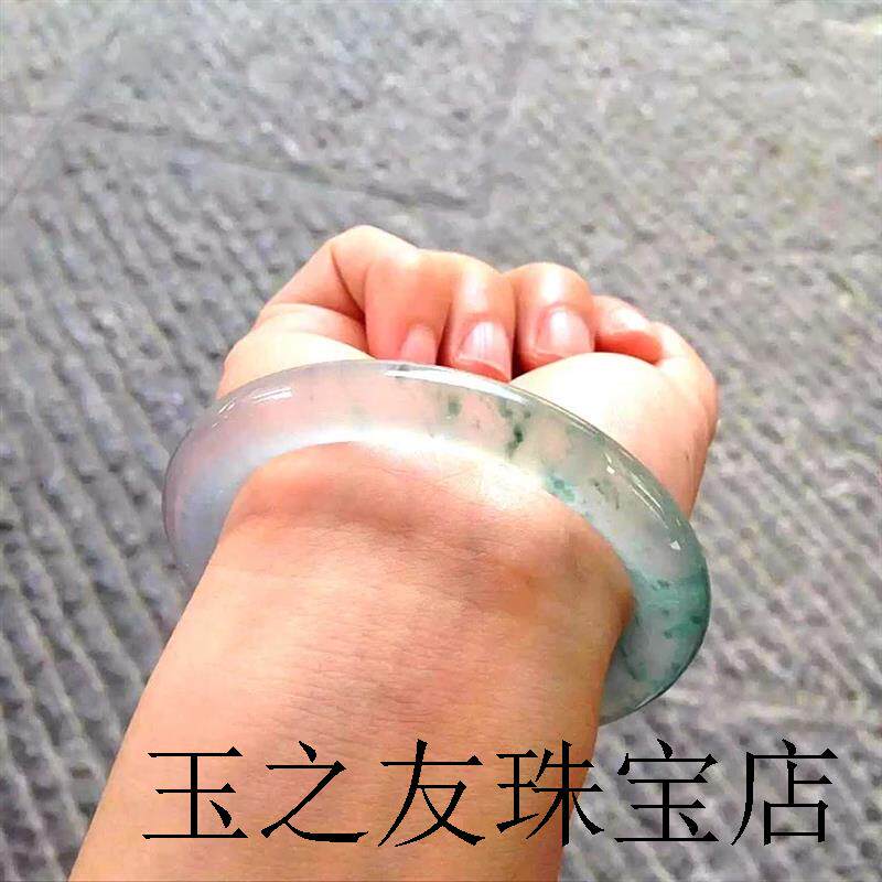 缅甸冰糯种小圆条翡翠手镯飘绿花贵妃手镯玉镯子女款细条手镯送礼