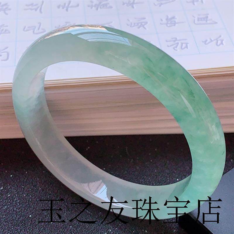 冰种飘绿翡翠色手镯缅甸老坑精品玉石女款正圆阳绿贵妃浅绿玉手镯