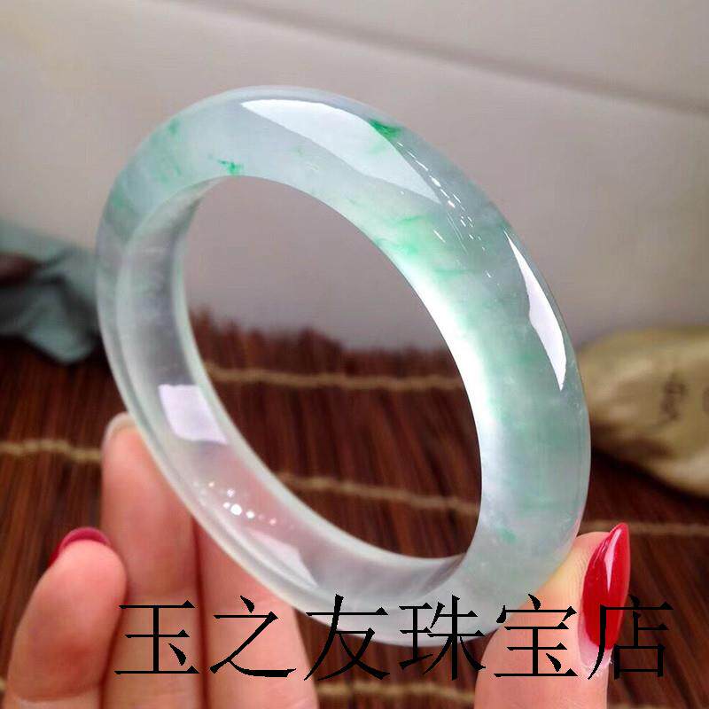 冰种翡翠手镯子飘花缅甸老坑正圈贵妃宽少女款冰种飘绿玉手镯手饰