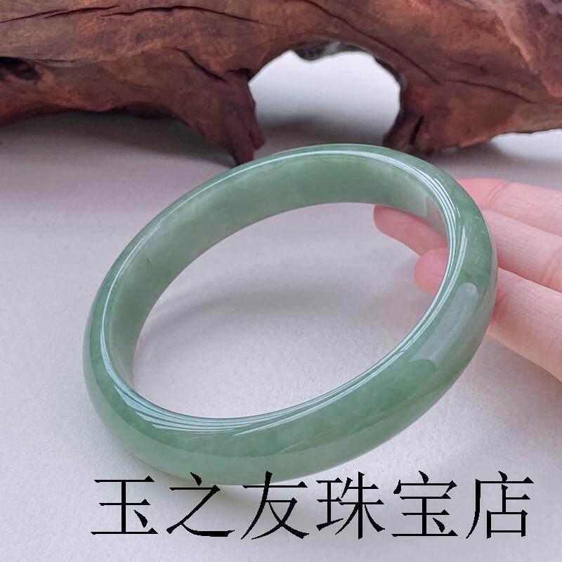 高端翡翠色缅甸冰糯种正圈翡翠手镯水润满色宽版豆绿玉镯子女款