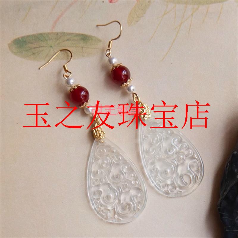 高端白玉髓红玛瑙水滴耳环镂空复古风新中式气质款银饰耳饰送礼