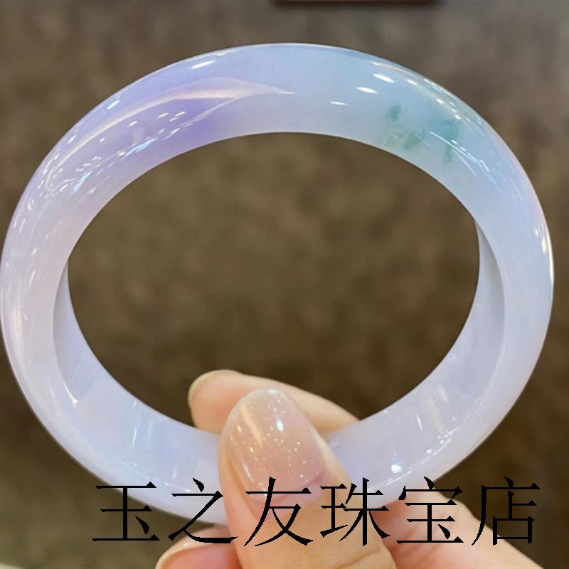 紫罗兰翡翠色手镯平安缅甸飘花春彩玉镯子女款冰糯种飘紫玉手镯
