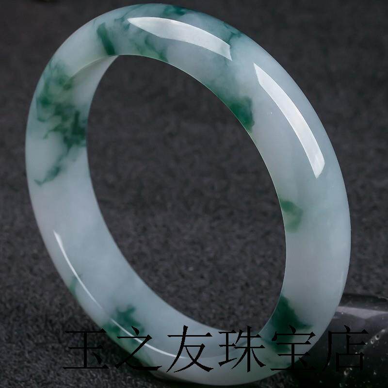 高端翡翠色手镯缅甸玉石老坑女镯子正圈通透冰糯种白底飘花玉手镯