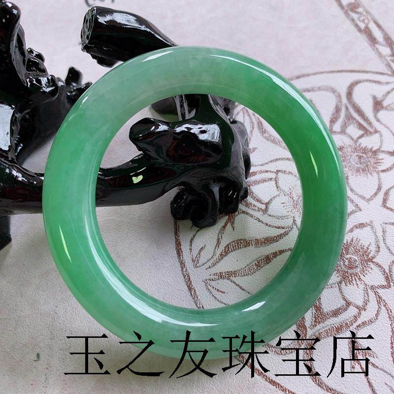 翡翠色冰种老坑圆条手镯高端款阳绿果绿飘花女款缅甸水润玉石镯子