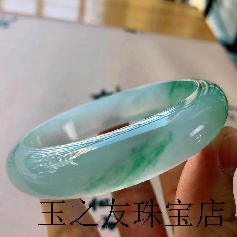 翡翠手镯冰种飘花缅甸老坑宽条女年轻款礼品玉石女款飘绿玉手镯子