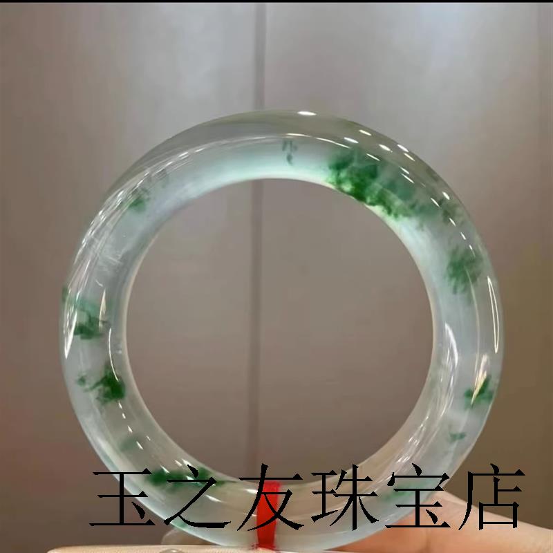 缅甸冰透飘花辣阳绿翡翠色手镯老坑冰种圆条贵妃玉镯子百搭少女款