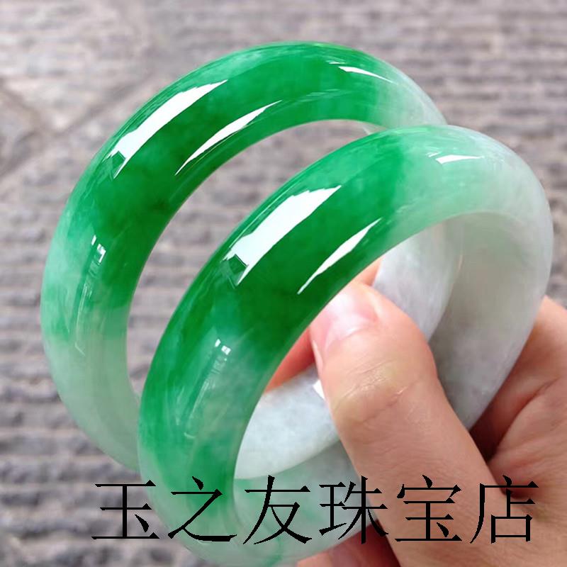 镯缅甸老坑翡翠色玉手玉石正圈冰糯种飘阳绿满绿贵妃宽边女款玉镯
