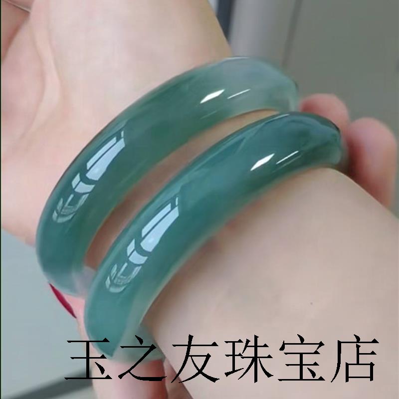缅甸玉翡翠色手镯老坑冰糯油青飘花玉手镯子翡翠精品珠宝玉器女款