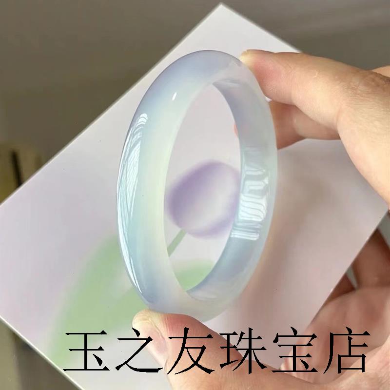 冰种淡紫淡绿马达加斯加玉髓玛瑙扁条正圈年轻气质少女款正品古风