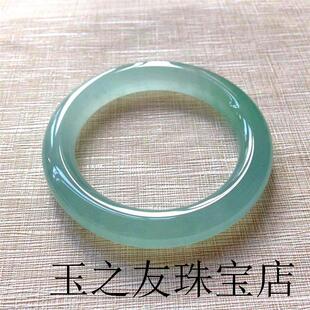 危地马拉翡翠色手镯女款晴水冰种天空蓝水平安镯处理胖圆条玉镯子