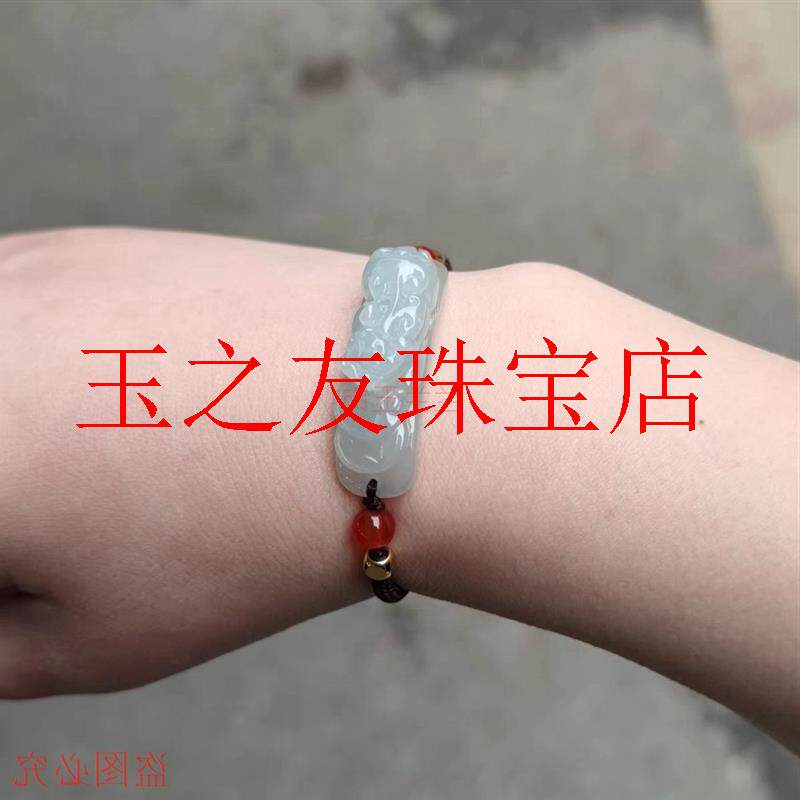 缅甸翡翠色貔貅手牌飘蓝花细冰男女款情侣可调节大小玉石貔貅手链