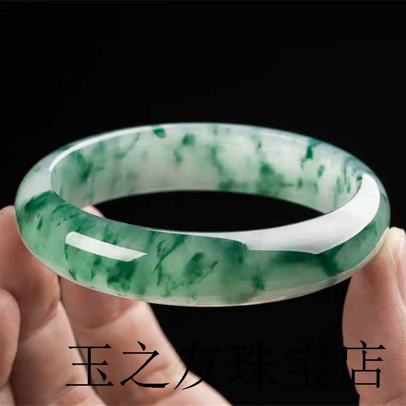 缅甸老坑冰种飘花翡翠色手镯圆条宽镯子晴水吊坠女款贵妃飘绿玉镯