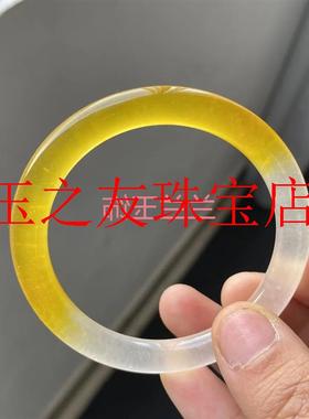 精品冰种半山半水玉石翡翠色手镯黄龙翡翠柠檬黄少女款细圆条玉镯