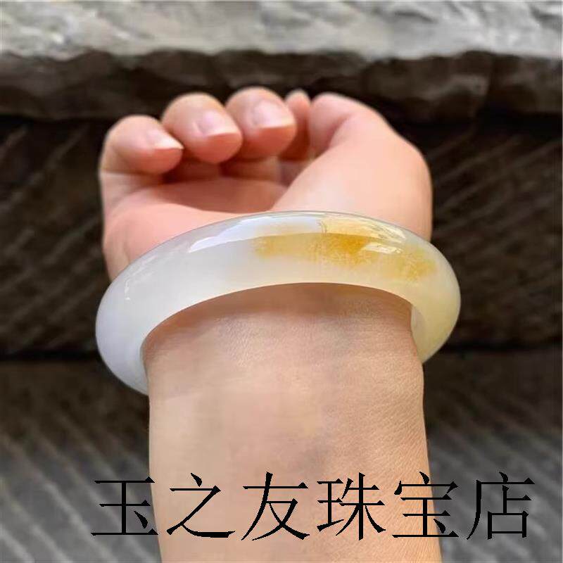 缅甸黄翡冰种翡翠色手镯老坑正圈圆条飘花贵妃镯子女款手镯处理