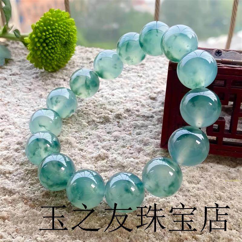 珠宝冰种飘花翡翠色手串缅甸高端精品玻璃种飘蓝色的花圆珠串送礼