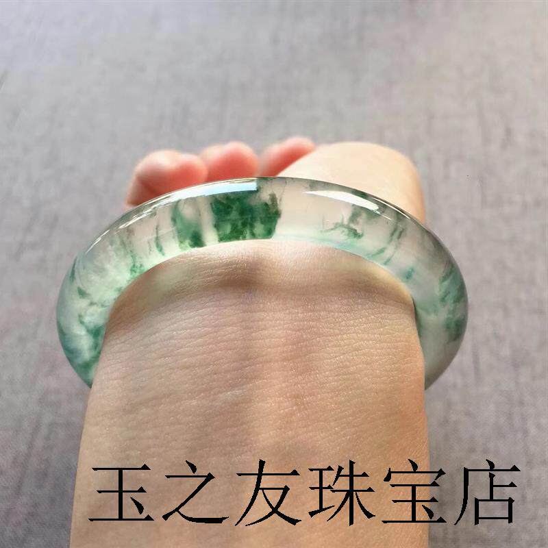 高端缅甸冰种飘花翡翠色手镯圆条老坑晴水精品贵妃玉镯子吊坠女款