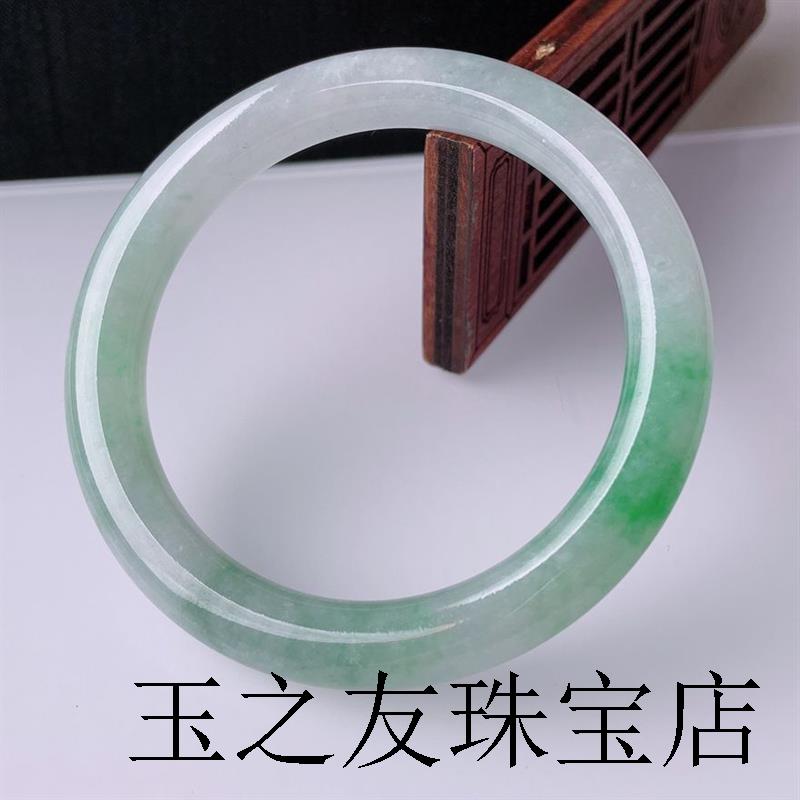 高端翡翠冰种圆条飘花玉镯子女款正品老坑缅甸飘蓝花宽版翡翠手饰