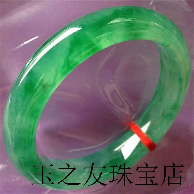 缅甸老坑翡翠色手镯糯米冰种阳绿飘花色手镯宽版玉镯水润透绿玉石