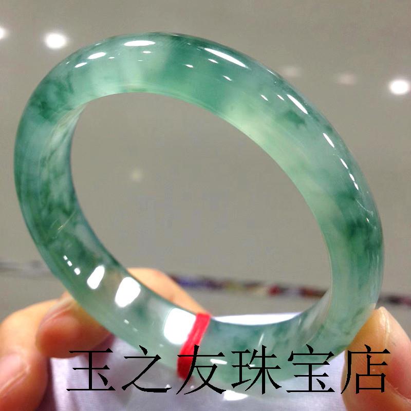 冰种飘花翡翠色手镯老坑缅甸飘绿花正圈玉镯女款通透玉手镯子百搭