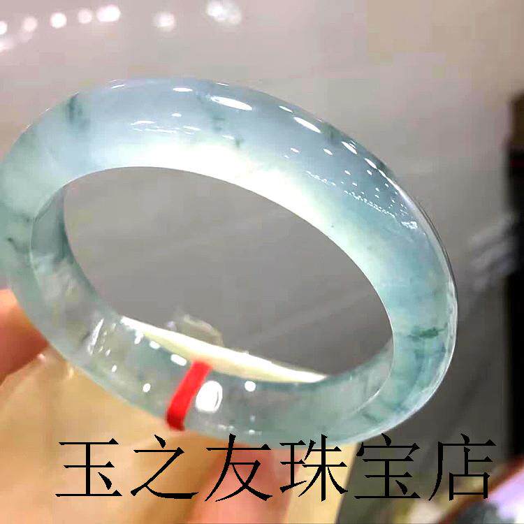 冰种缅甸老坑翡翠色手镯晴水冰透白底飘蓝绿花正圈圆条玉镯贵妃镯