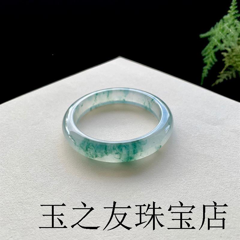 冰种飘花玉镯子老坑正圈晴水玻璃种圆条贵妃手饰飘绿翡翠手镯精品