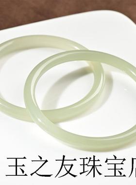 高端新疆和田玉青玉手镯少女款细圆条高端玉石镯子叮当晴水玉镯子