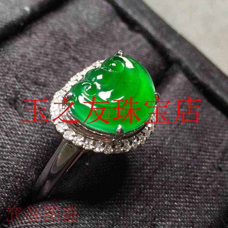 冰种满绿如意玉石戒指银饰镶嵌精选翡翠色阳绿飘花女款饰品送礼品