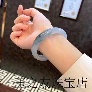 冰种白底飘花翡翠色手镯缅甸玉石春带彩飘紫冰糯种气质贵妃玉镯子