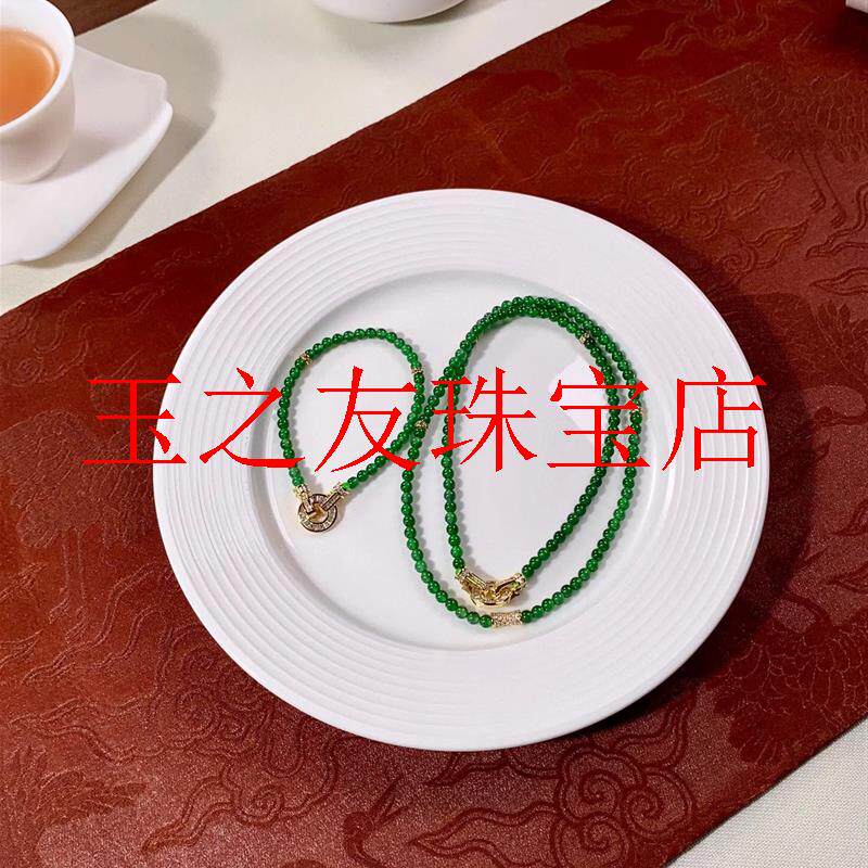 精选危地马拉冰种阳绿翡翠色项链玉手链满绿色小米珠套装新中式女