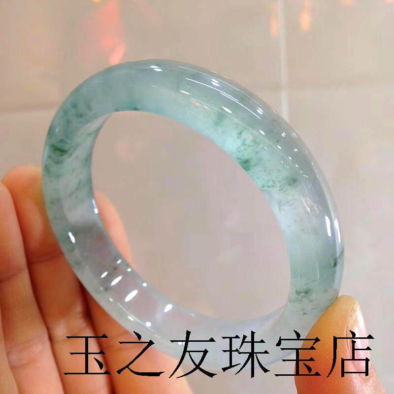 冰种飘花翡翠手镯缅甸正圈老坑晴水贵妃女款冰通透飘绿玉镯子百搭