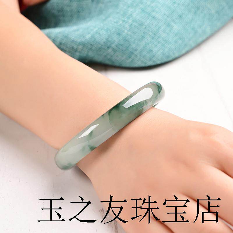 冰种飘花翡翠玉手镯缅甸玉石送礼正圆通透水润飘绿玉手镯子百搭款