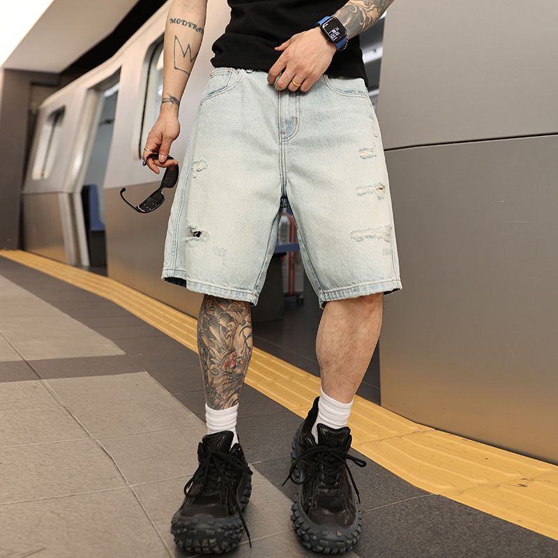 简约潮牌美式设计师款破洞牛仔裤