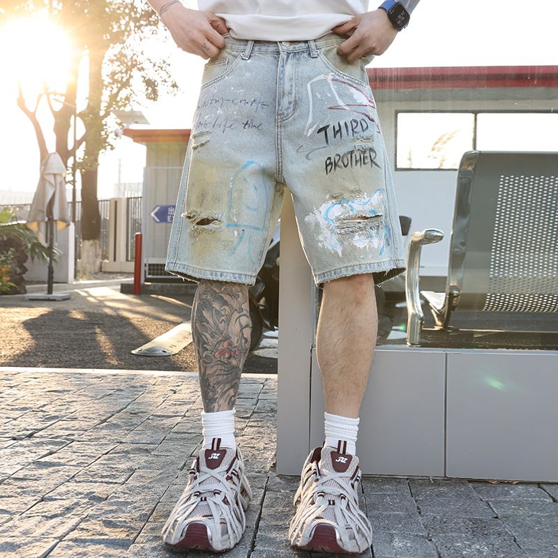 简约潮牌涂鸦小众乞丐彩绘牛仔裤