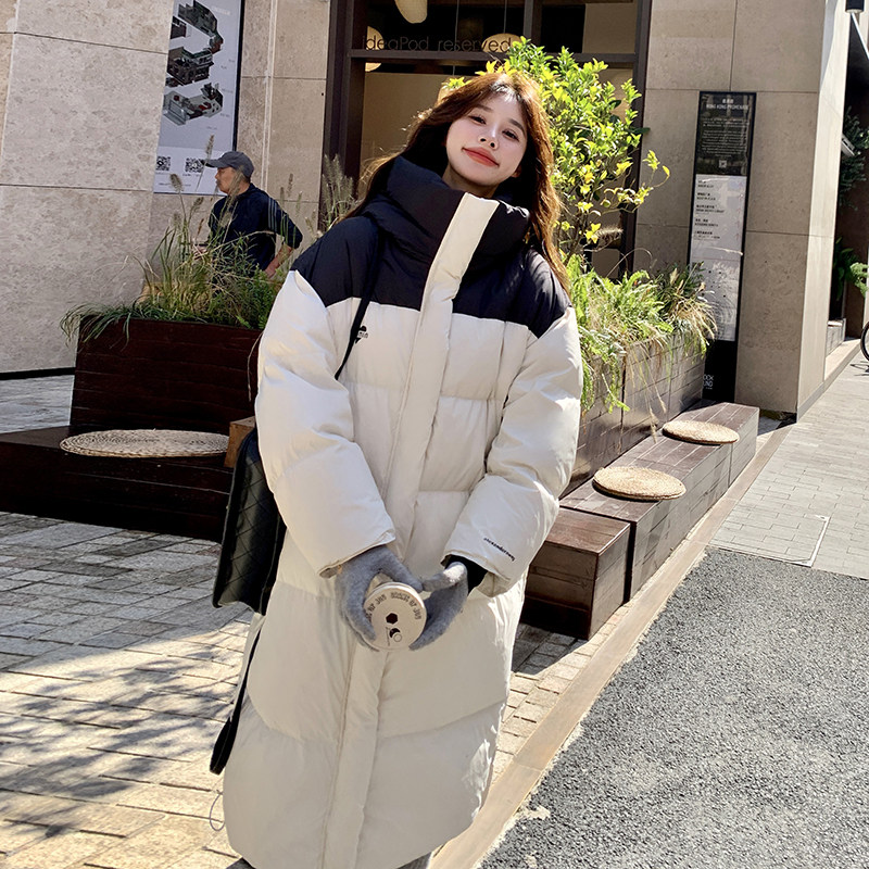 撞色拼接连帽羽绒服女2025冬季新款独特超好看韩系加厚长款面包服,女装羽绒服,浙宝007A（原150A)